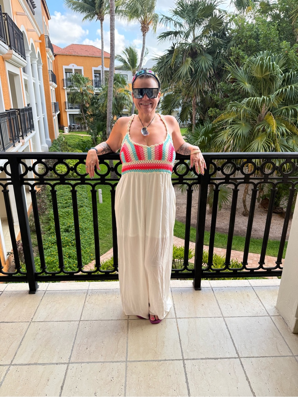 Women’s Cream Maxi Jumpsuit with Multicolor Crochet Bodice